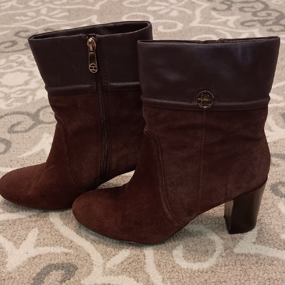 "Spring Sale 50% Off" Tommy Hilfiger Brown Suede Ankle Boots with Leather Cuff